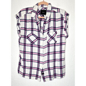 Rails Womens Button Up Shirt Medium Pink Blue Plaid Cuffed Short Sleeve Soft Top